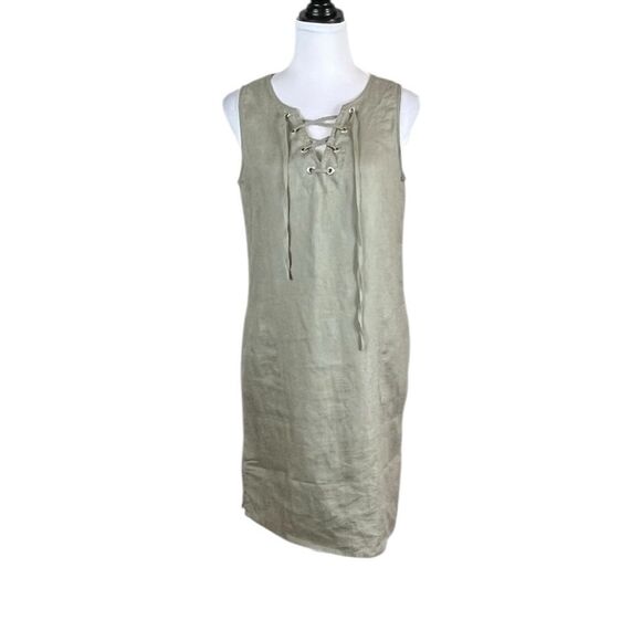 Adrienne Vittadini Lace-Up Sleeveless Tan Linen Dress, Size XS - Picture 1 of 7